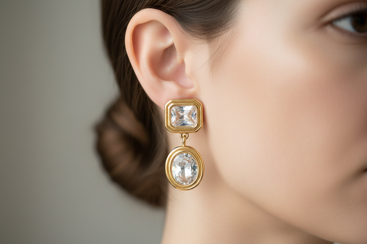 Gold earrings with clear gemstones on a white background