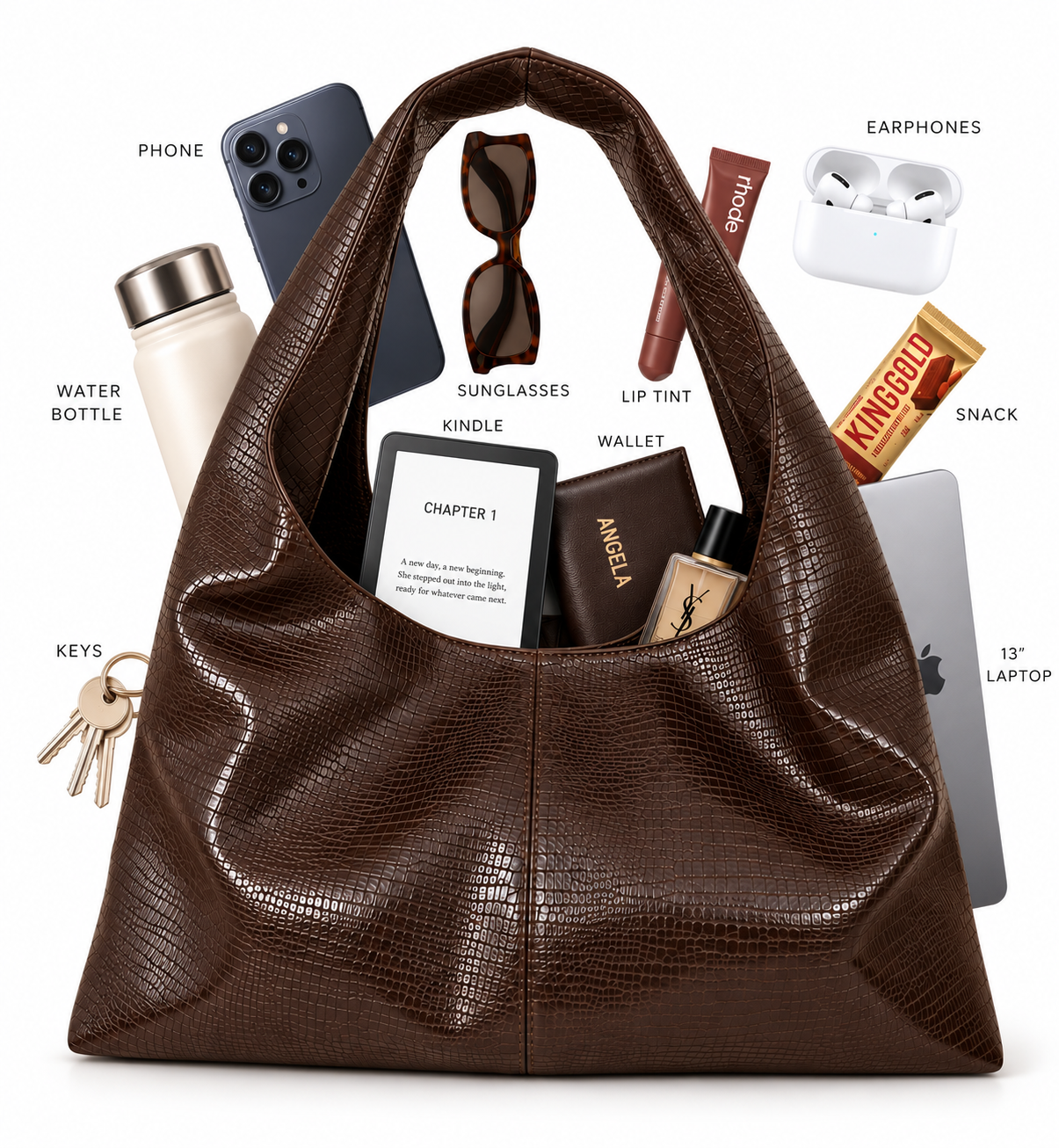 Elara Dark Brown Snake-Print Shoulder Bag – 13″ Laptop & Everyday Bag